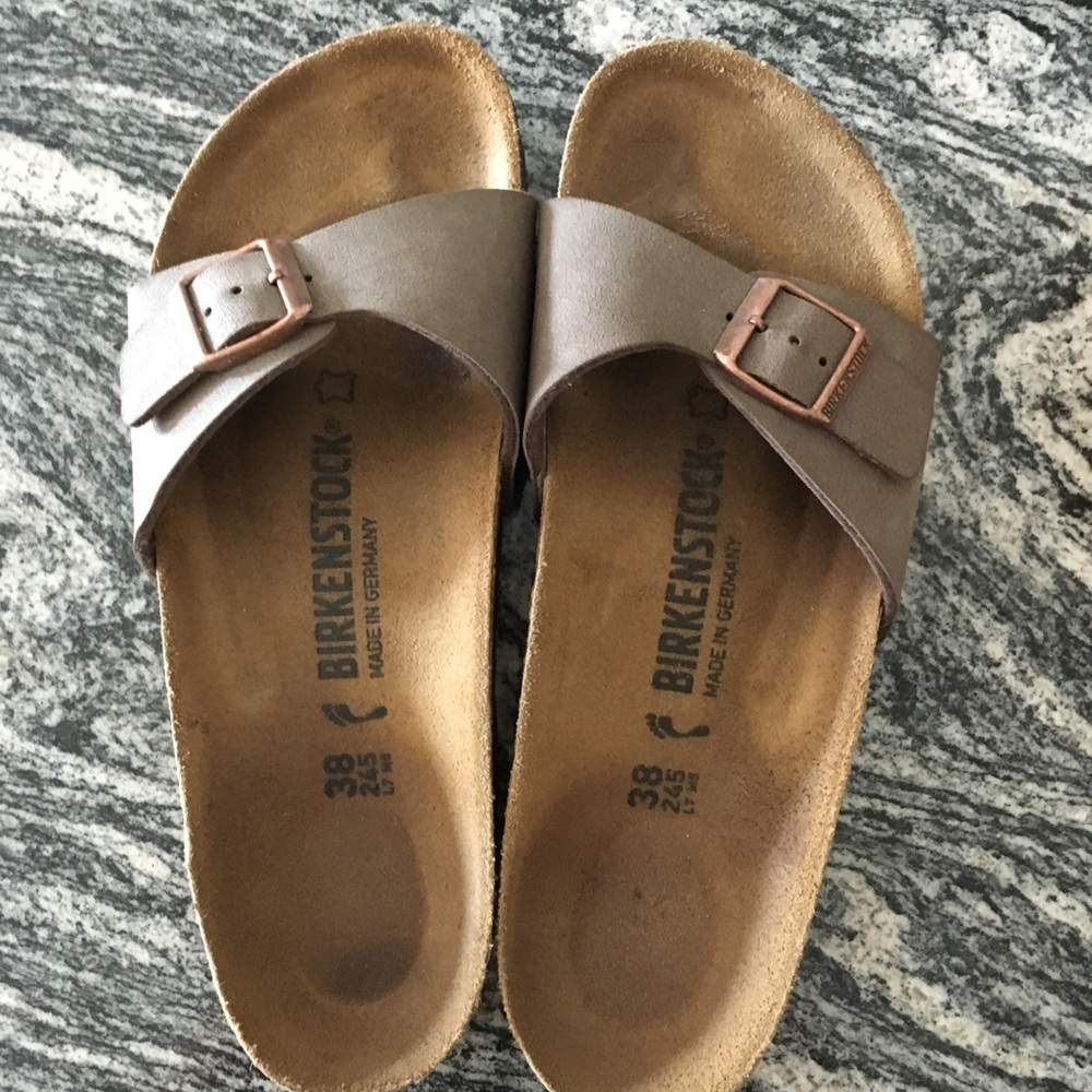 Birkenstock Brown Single Strap Slide Sandals with Copper Buckles